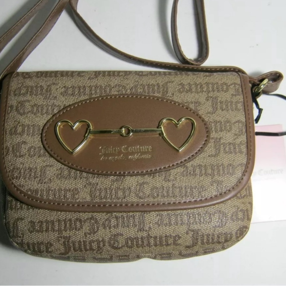 Juicy Couture Womens Heart to Heart Brown Logo Flap Crossbody Bag Handbag